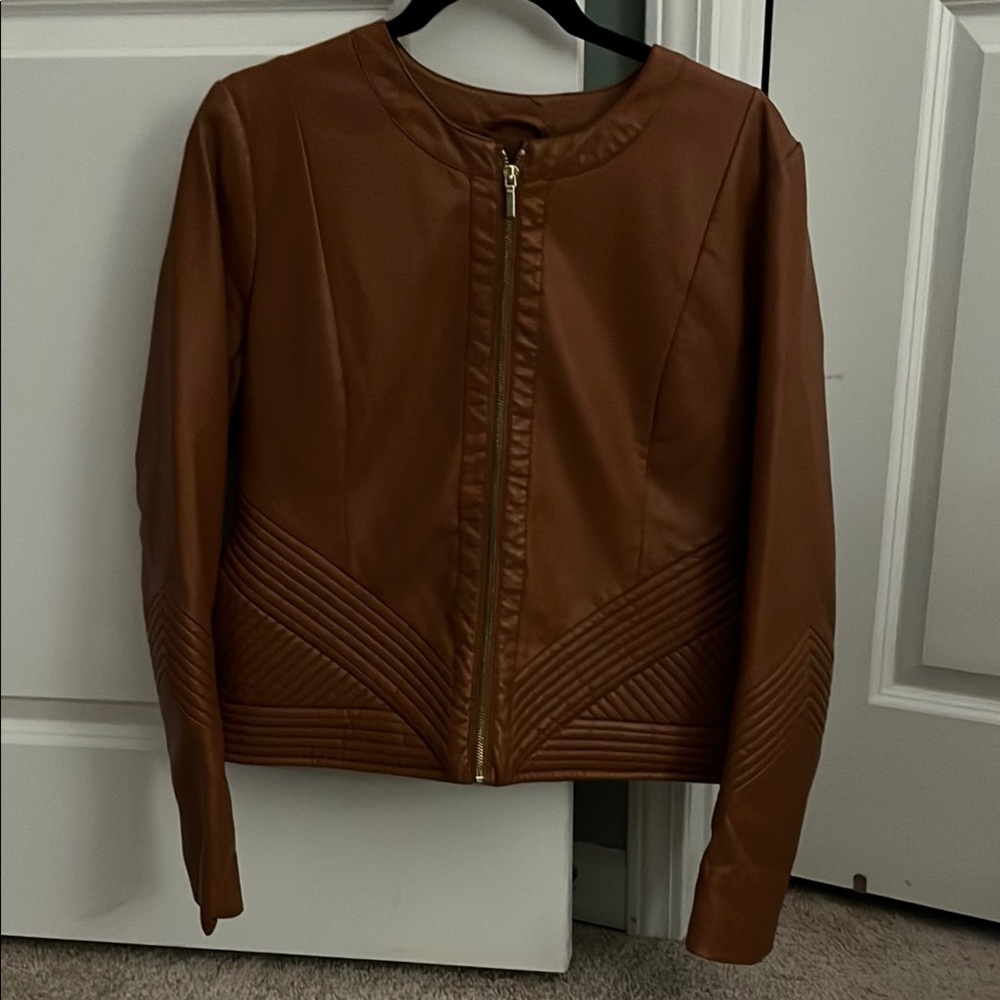 New York & Company Brown Leather Jacket with Quilted Texture